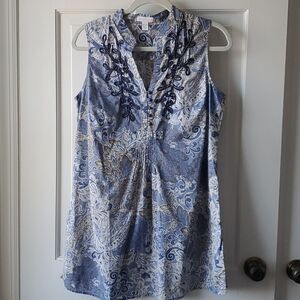 CHARTER CLUB EMBROIDERED COTTON FLORAL TUNIC SIZE 10 BOHO BLUE BEIGE SLEEVELESS